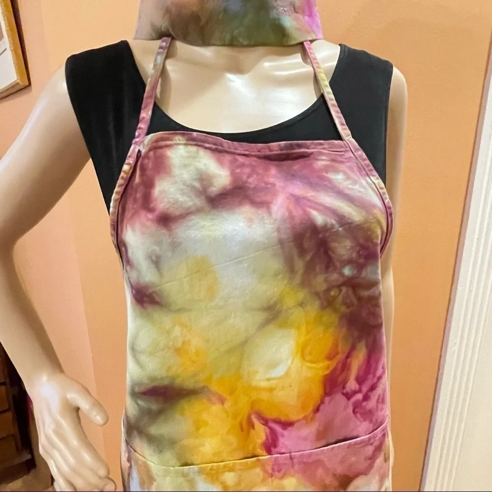 Tie Dye adult unisex apron four pocket matching toque chef's hat earth tones